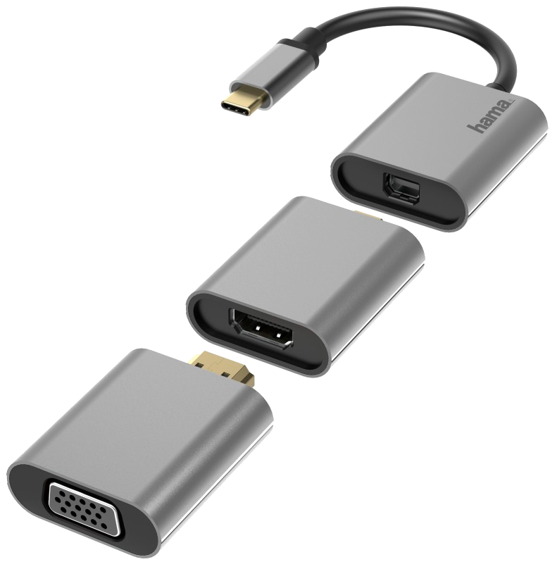 Grijze adapters voor USB-C, USB-A, HDMI en VGA. Geordend om verschillende connectortypes te tonen.