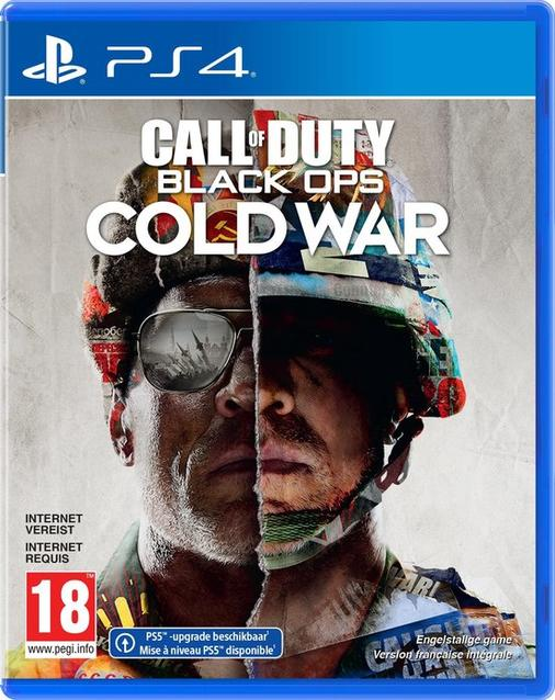 Jaquette du jeu PS4 : deux visages, casque militaire et texte 'Call of Duty: Black Ops Cold War'.
