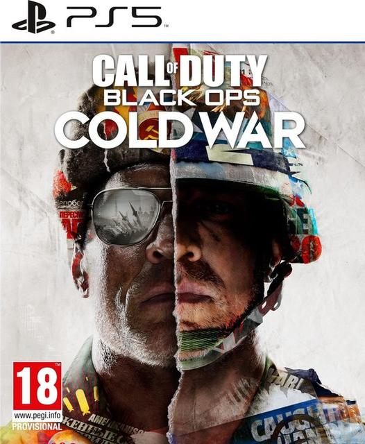 Call of Duty: Black Ops Cold War PS5-gamecover. Twee gezichten gesplitst, over een oorlogsscène.