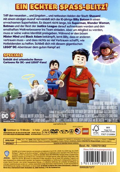 Rückseite einer LEGO DC Shazam! DVD. Enthält Lego Superman, Shazam und andere Lego-Figuren.