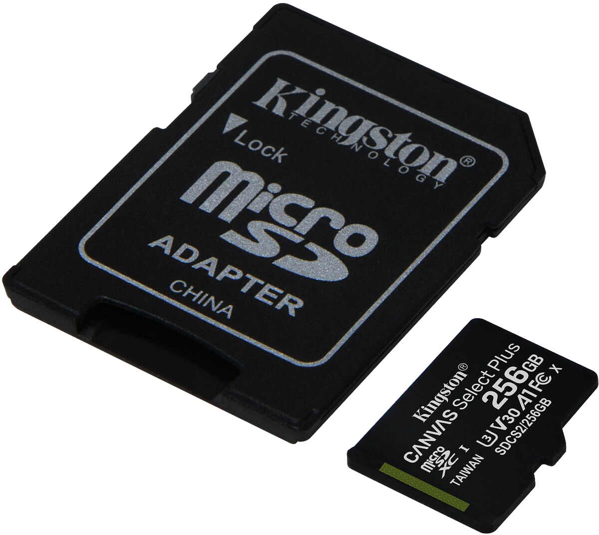 Két fekete Kingston memóriakártya: egy micro SD adapter és egy kisebb SD kártya.