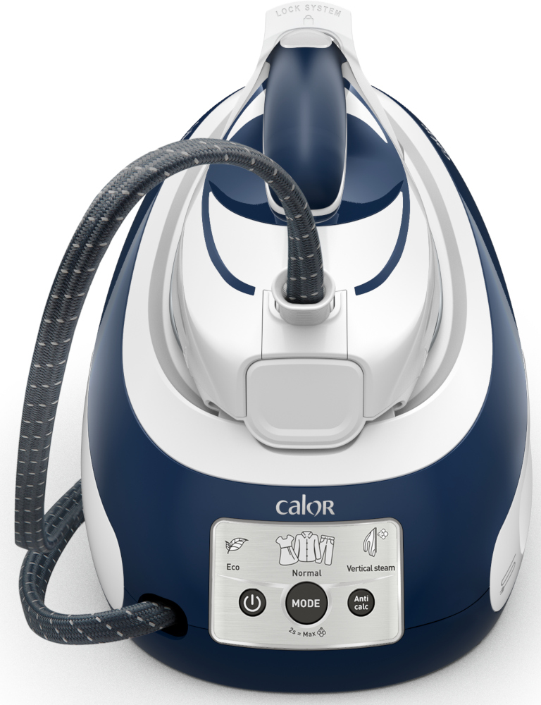 Un fer à vapeur blanc et bleu avec un cordon noir, montrant les boutons pour éco, normal et vapeur verticale.