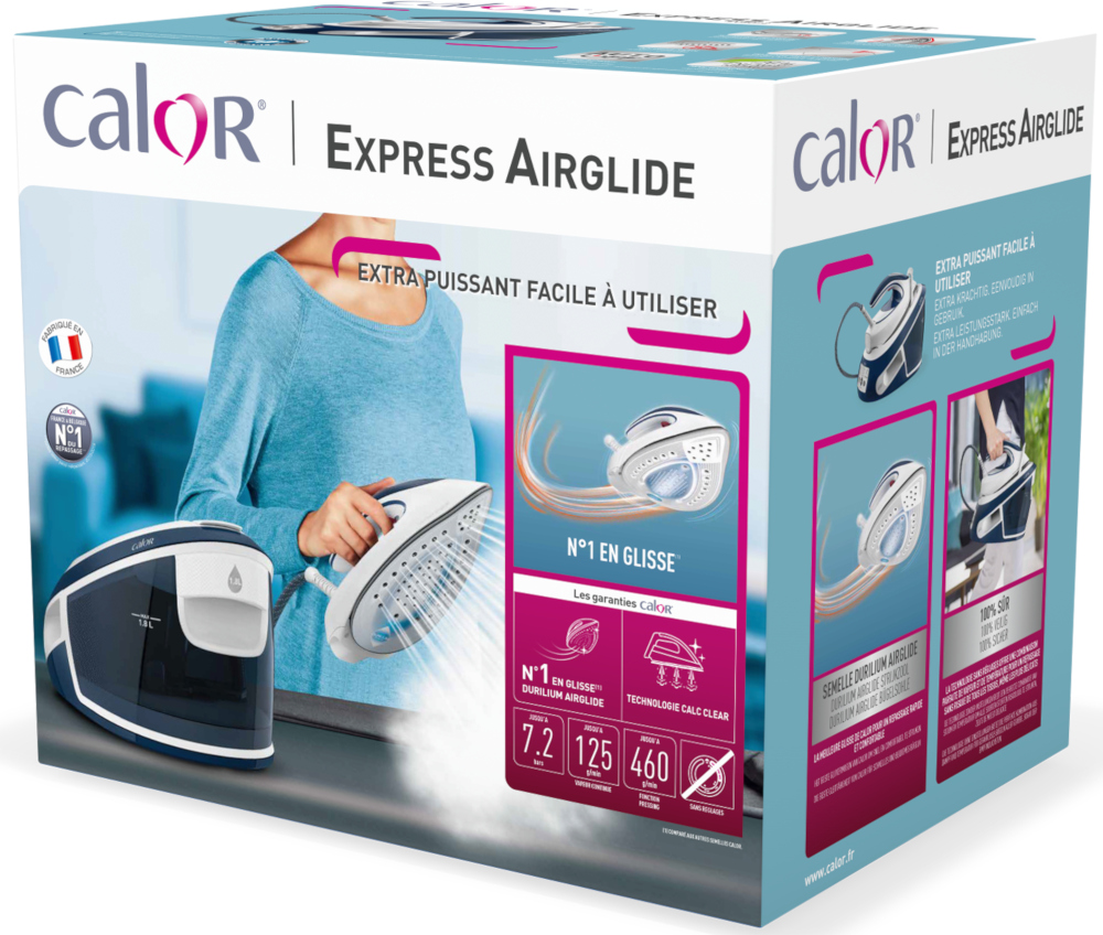 Boîte de fer à repasser Calor Express Airglide. Femme tenant fer, vapeur visible. Texte: Extra puissant, facile à utiliser.