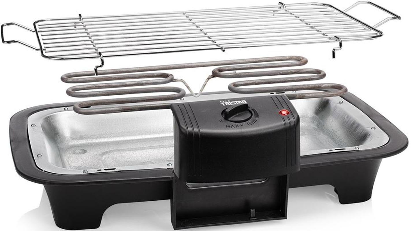 Elektrischer Grill mit Heizelementen und einem Drahtrost. Schwarze Basis und Bedienfeld.