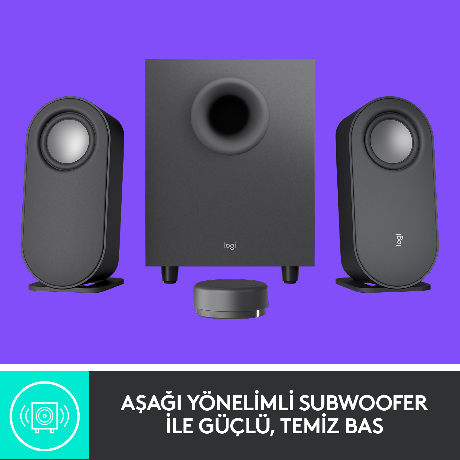 İki uydu hoparlörlü ve ortada bir subwoofer bulunan siyah bir hoparlör sistemi.