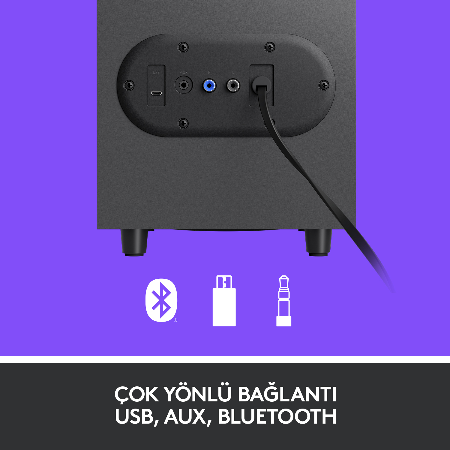 USB, Aux ve Bluetooth sembolleri dahil bağlantı noktalarına sahip siyah bir hoparlörün arkası.