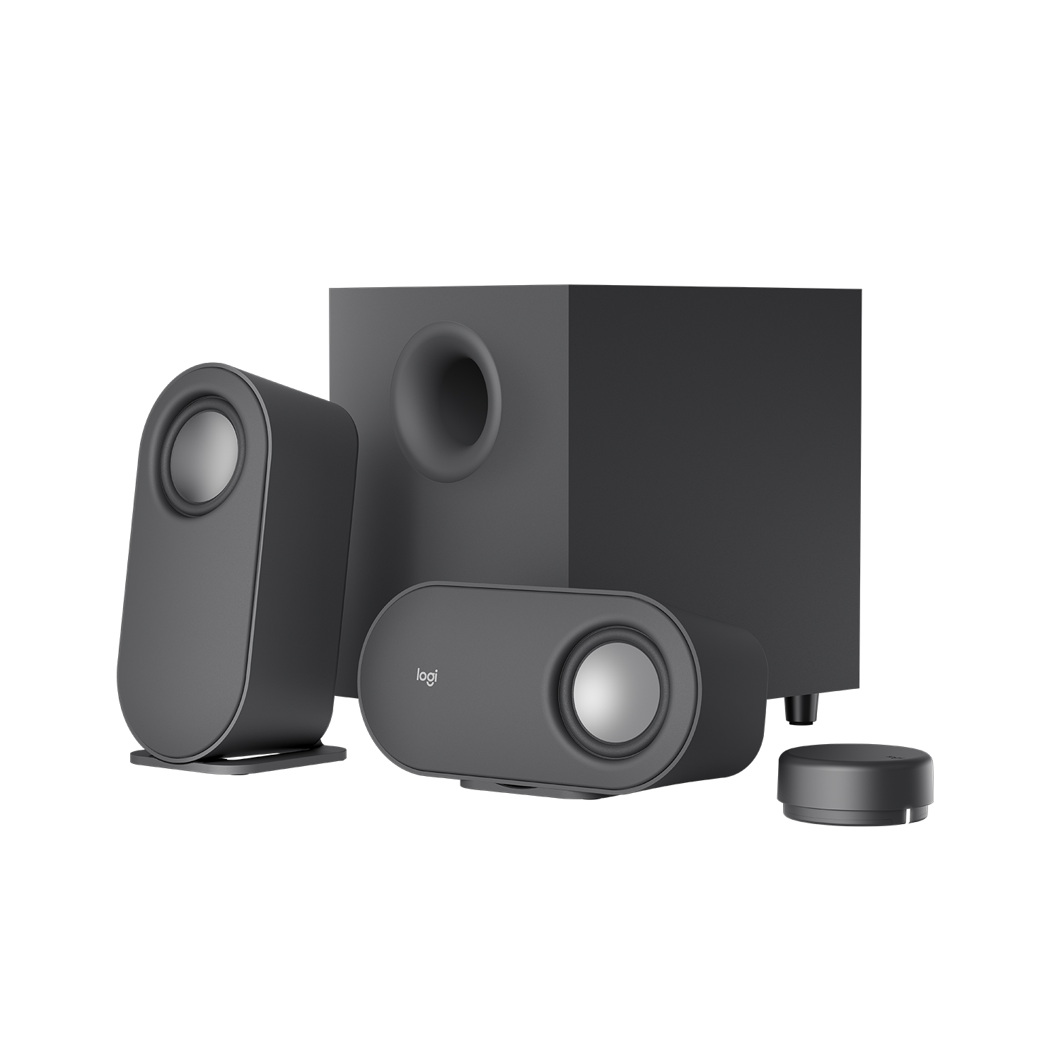 Koyu gri Logitech hoparlör sistemi, subwoofer ve kontrol paneli ile. İki uydu hoparlör.