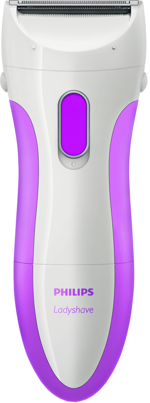 Witte en paarse Philips Ladyshave elektrische scheerapparaat op een witte achtergrond.