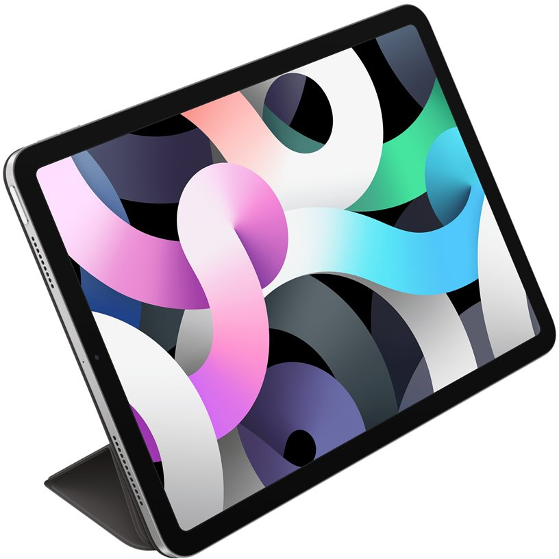 Un iPad Air avec un fond d'écran abstrait et vibrant, légèrement incliné. La housse est attachée.