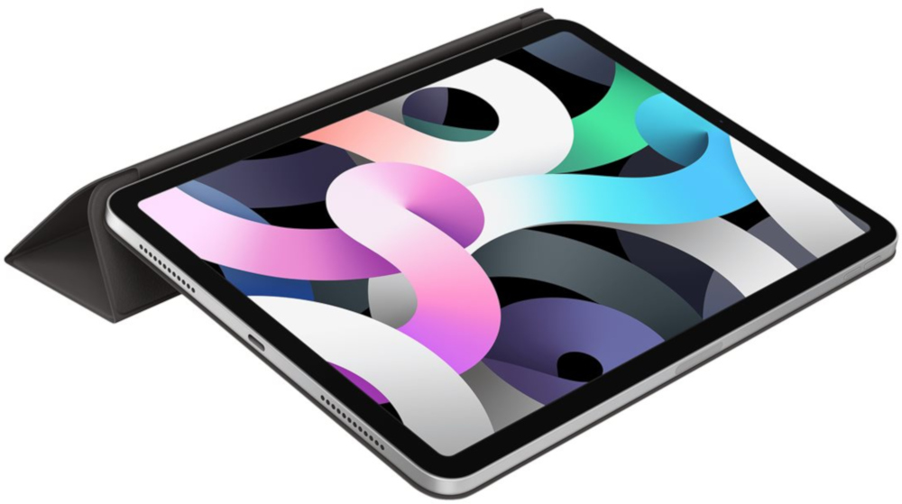 Un iPad Air d'Apple avec une coque. L'écran affiche une image abstraite colorée.