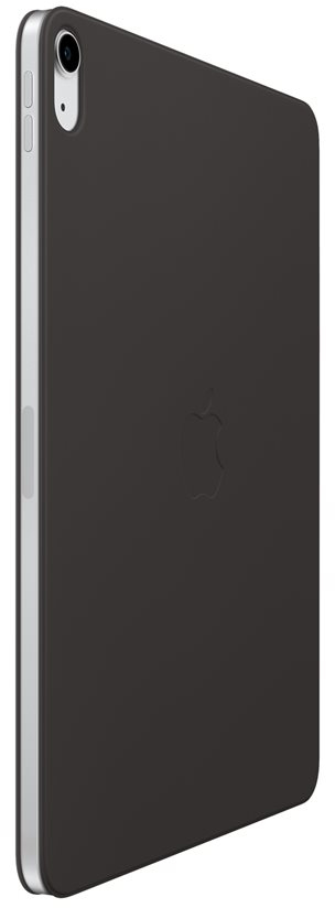 iPad gris foncé avec étui, vue latérale. Le logo Apple est visible au dos.