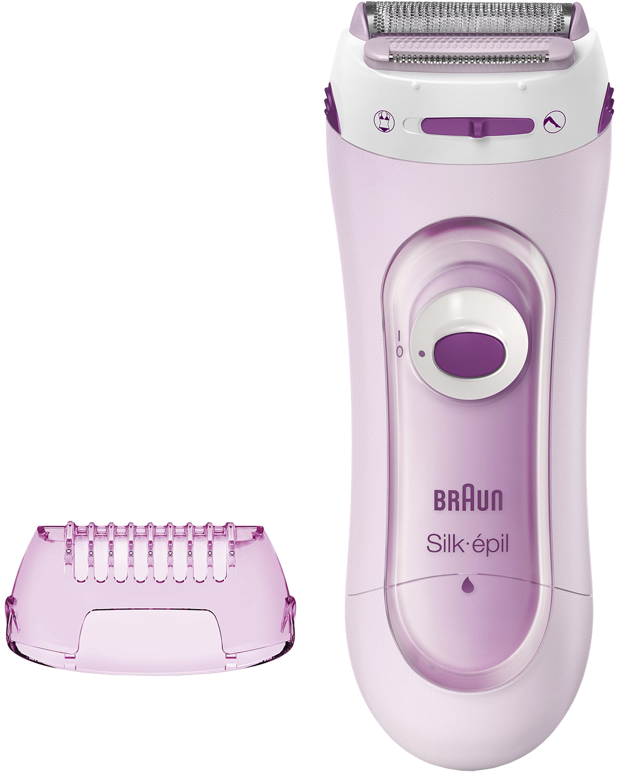 Een roze Braun Silk-épil met accessoires. De epilator staat in het midden, met een beschermkapje.