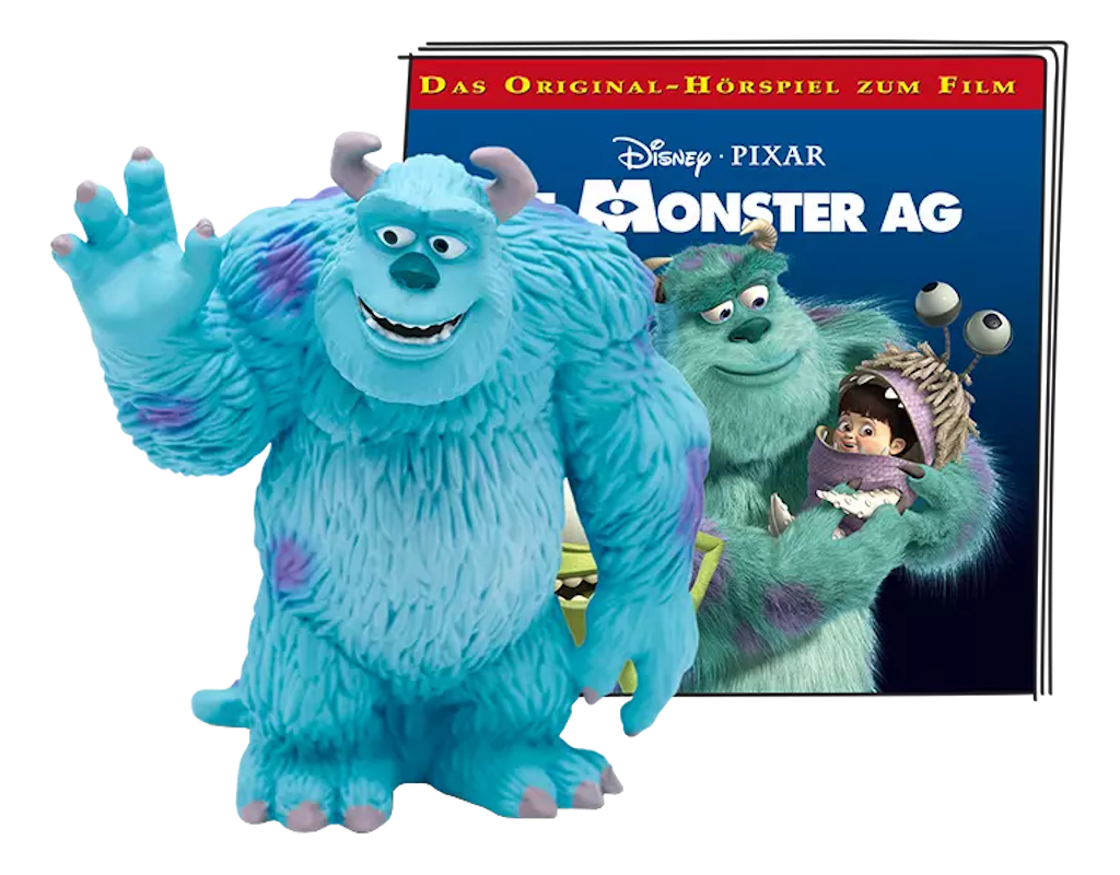 Blaue Monsterfigur winkt. Ein Filmcover zeigt Sully und Boo.
