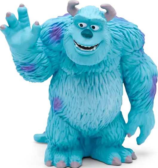 Blauer Sully aus Monster AG winkt, hellblaues Fell, lila Flecken, lächelt.