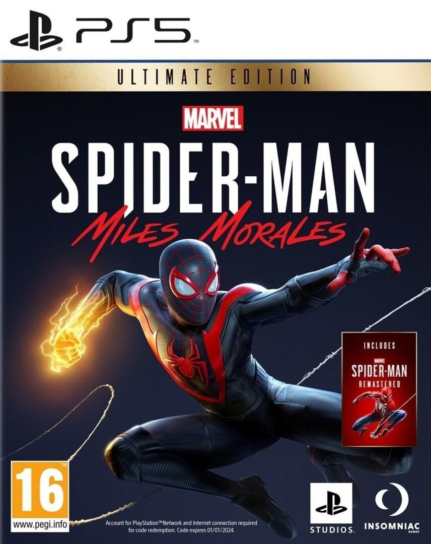 Portada del juego. Spider-Man con traje negro y araña roja. Texto 'Marvel Spider-Man Miles Morales'.