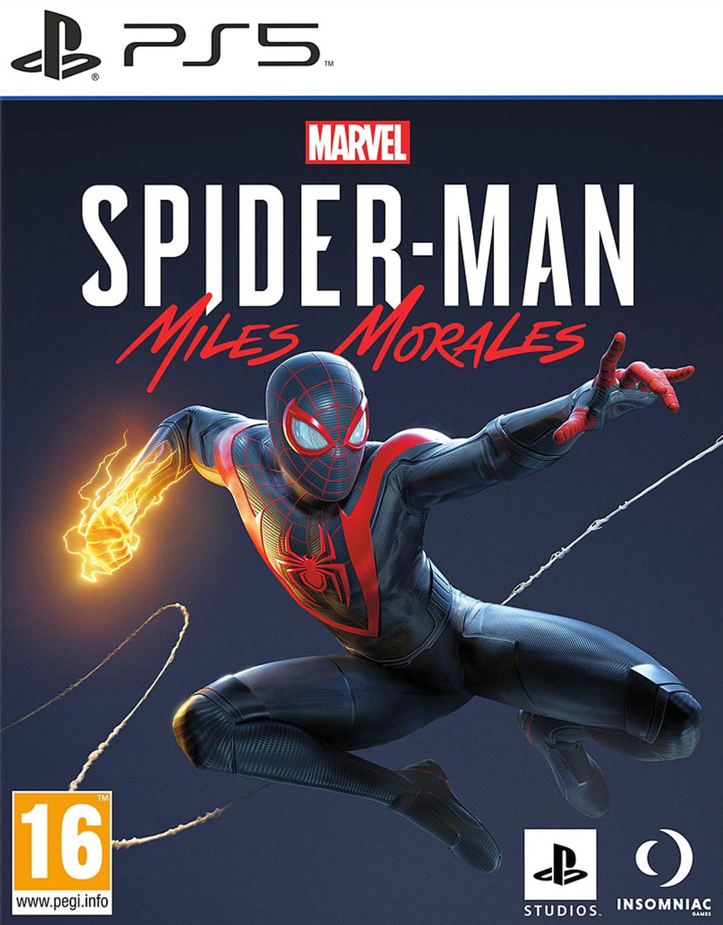 PS5 Spider-Man game cover. Spider-Man in pak met gloeiende hand, stadsachtergrond.