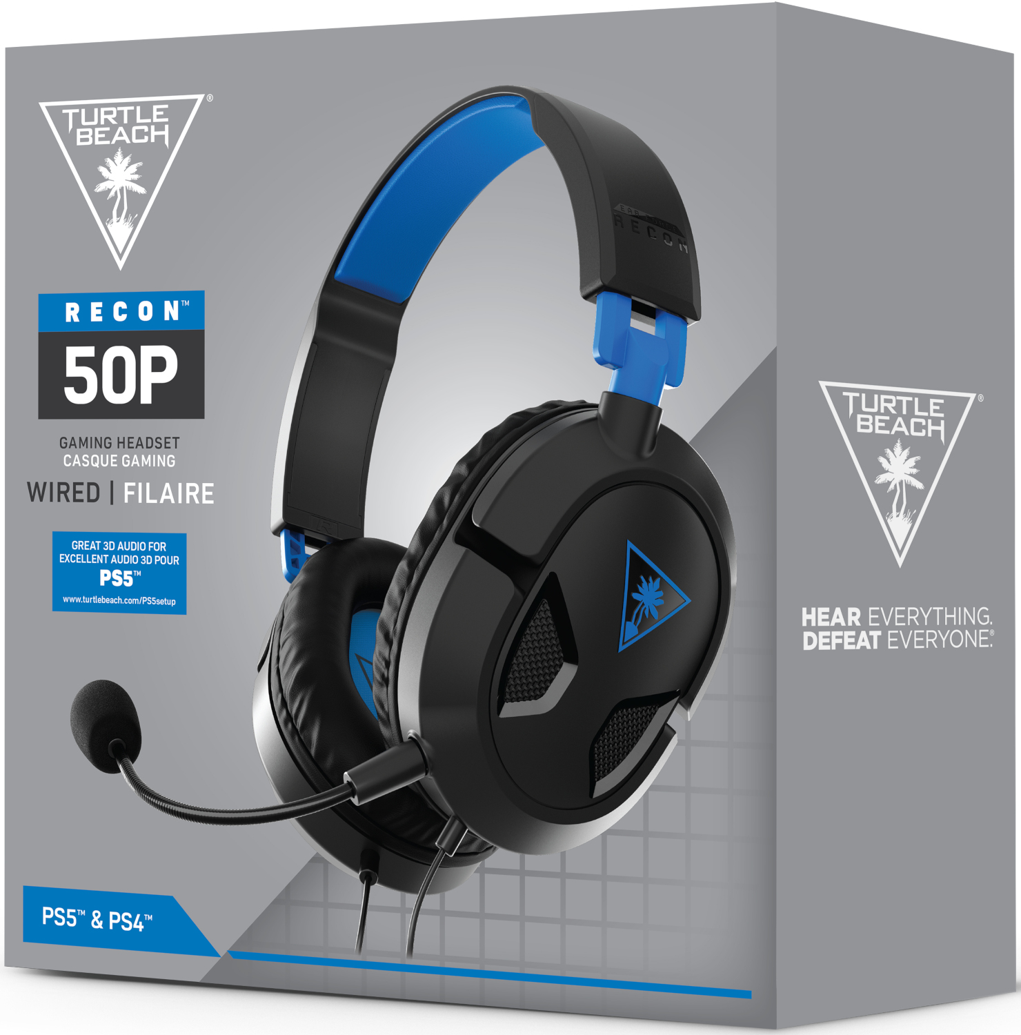 Gaming headset in box, black and blue, with microphone, white background.