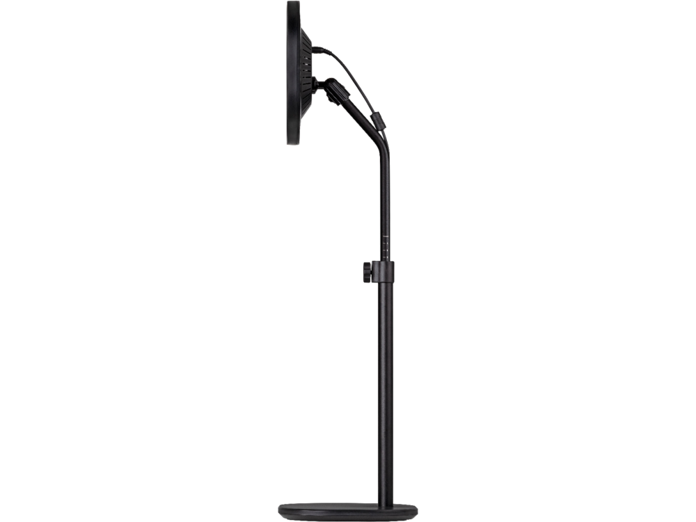 Soporte negro que sostiene un monitor, vista lateral. Un brazo curvo conecta la pantalla a la base.