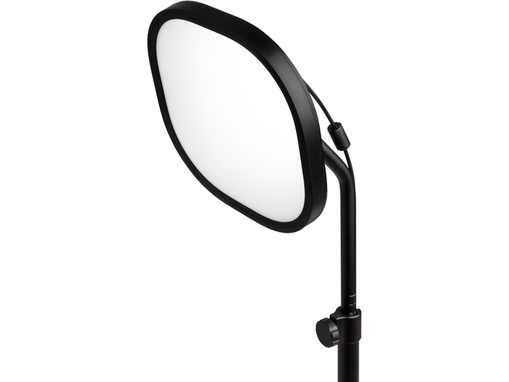 Panel de luz LED negro para video, sobre un soporte negro.