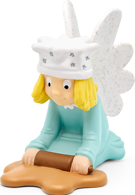 Figur einer Engel mit Kochmütze, die Teig ausrollt. Auf weißem Hintergrund.