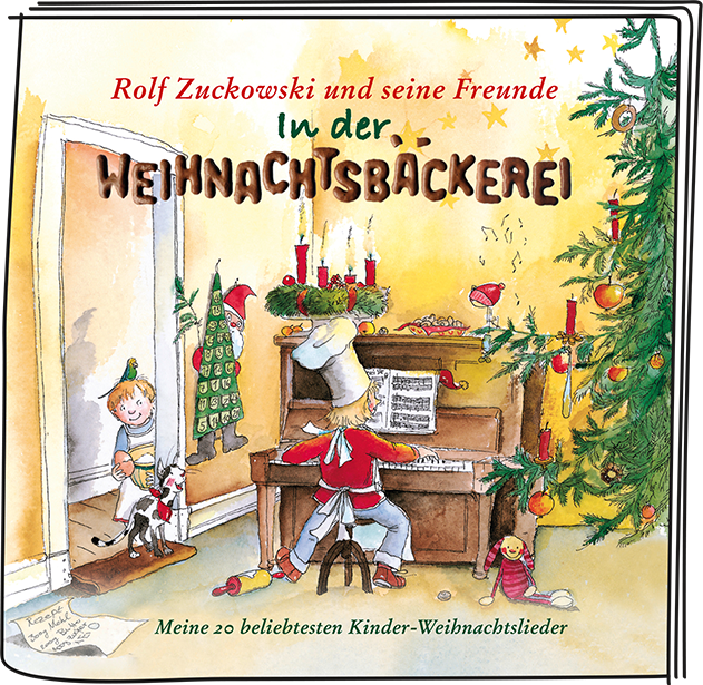 Buchcover mit Weihnachtsmotiv: ein Junge, ein Koch am Klavier, Weihnachtsbaum und Text.