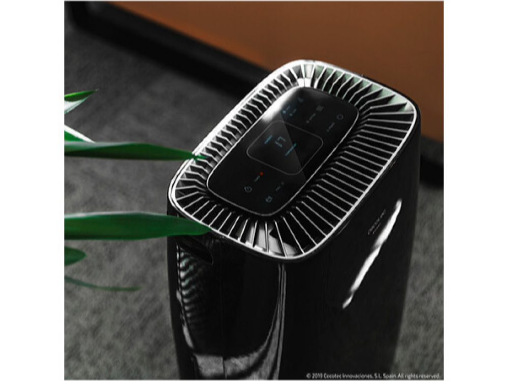 Purificador de aire negro con pantalla táctil, marco plateado y hojas verdes en primer plano.