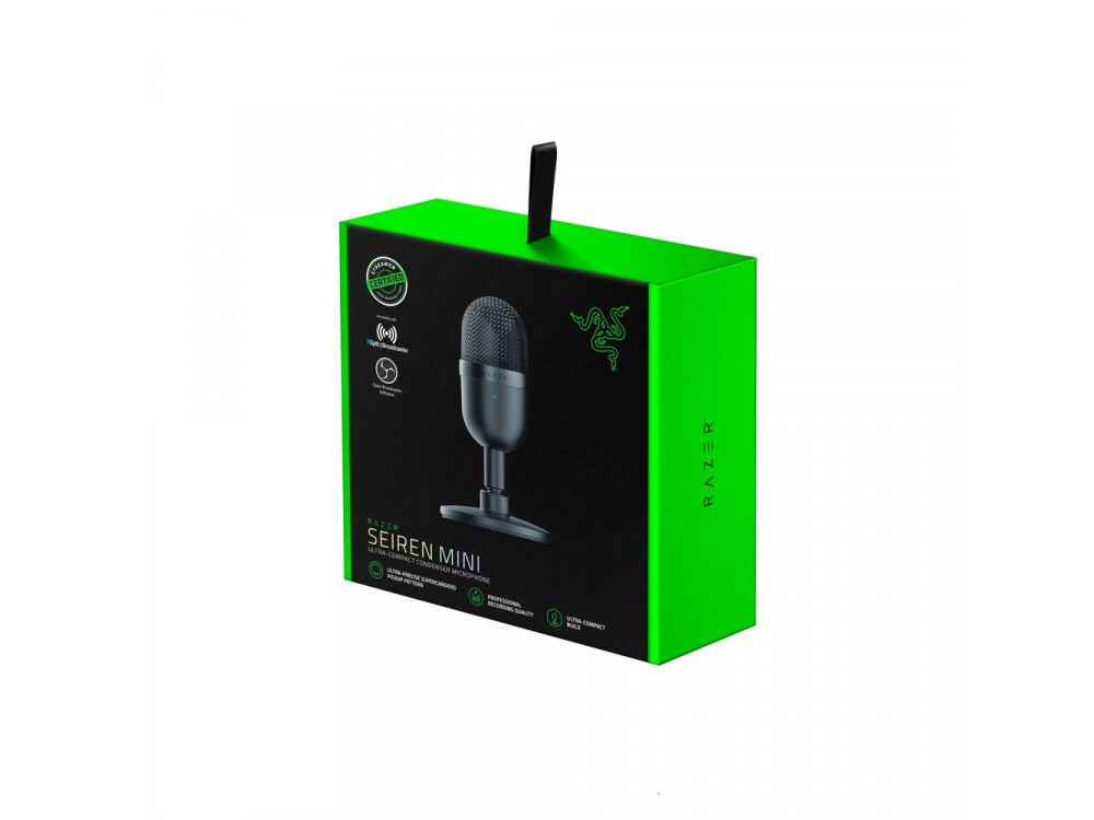 Una caja verde con un gráfico de micrófono y la marca RAZER.