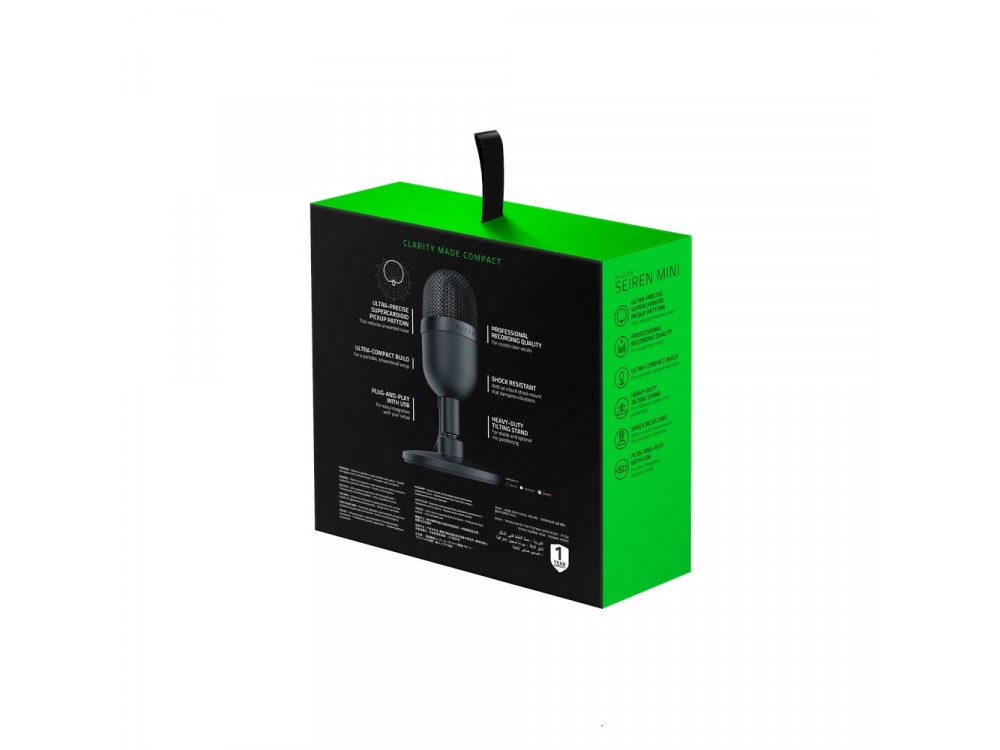 Un micrófono Razer Seiren Mini en una caja verde. El micrófono es negro y la caja tiene texto blanco.