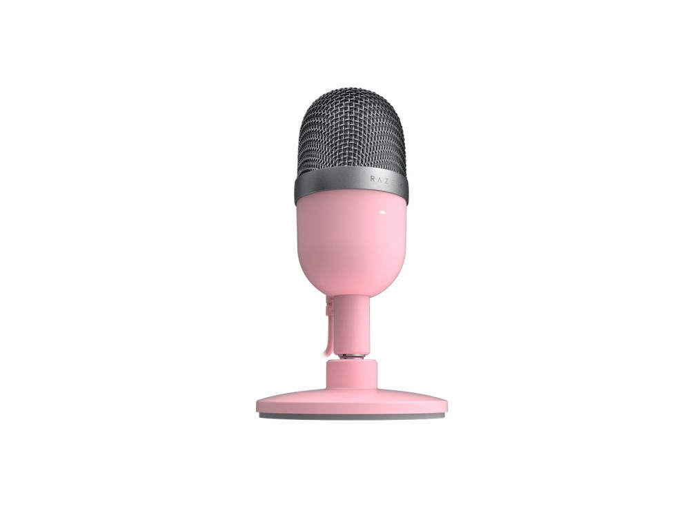 Micrófono Razer rosa sobre fondo blanco.