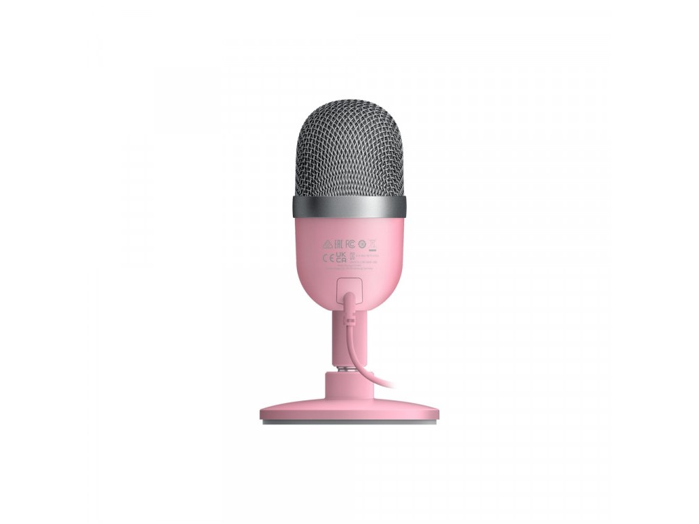 Micrófono Razer rosa con parte superior de malla plateada y soporte, sobre fondo blanco.