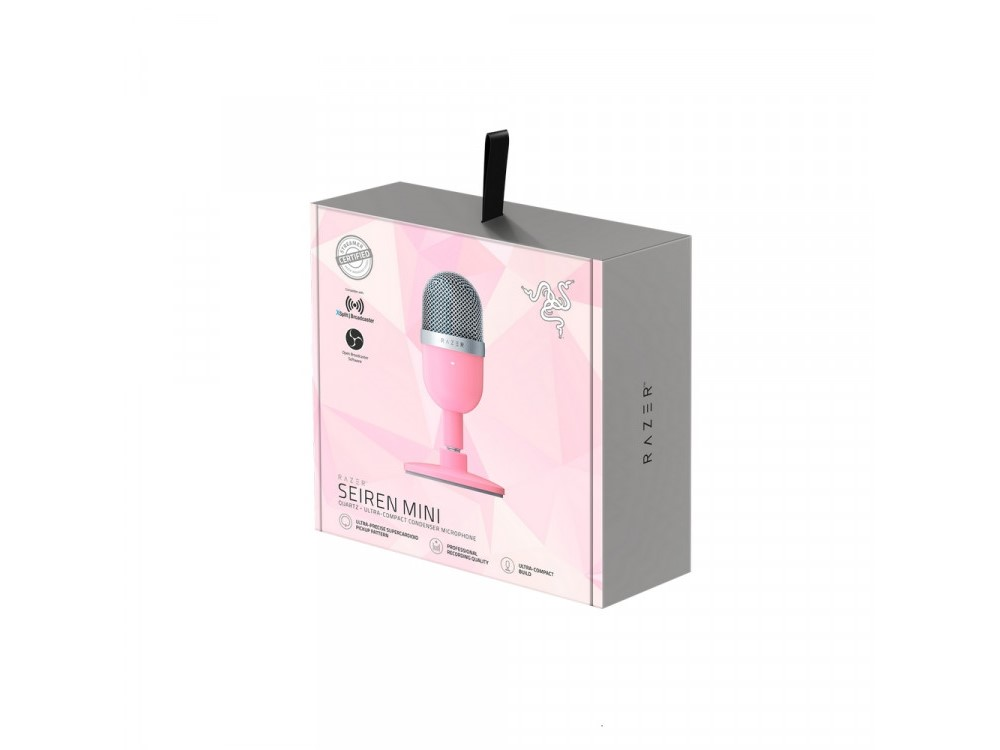 Micrófono rosa Razer Seiren Mini en su caja, con el logo de Razer.