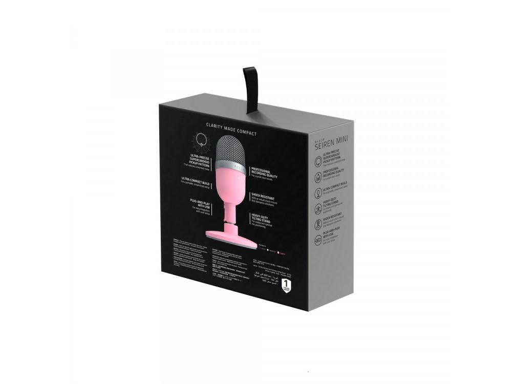 Micrófono rosa Razer Seiren Mini en una caja, fondo blanco.