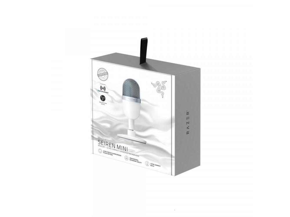 Caja de micrófono Razer blanca. Etiquetado en la parte delantera. Cinta negra. Fondo blanco.