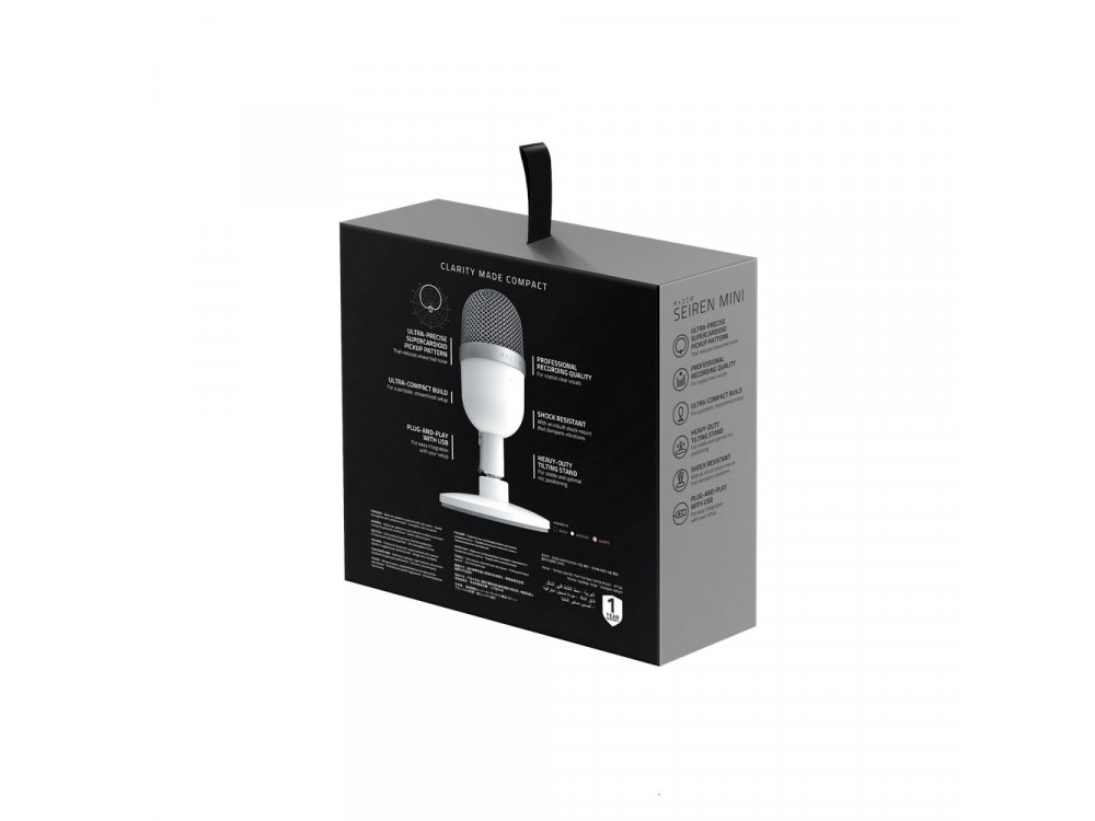 Micrófono Razer Seiren Mini blanco en una caja negra. Detalles del micrófono y de la caja visibles.