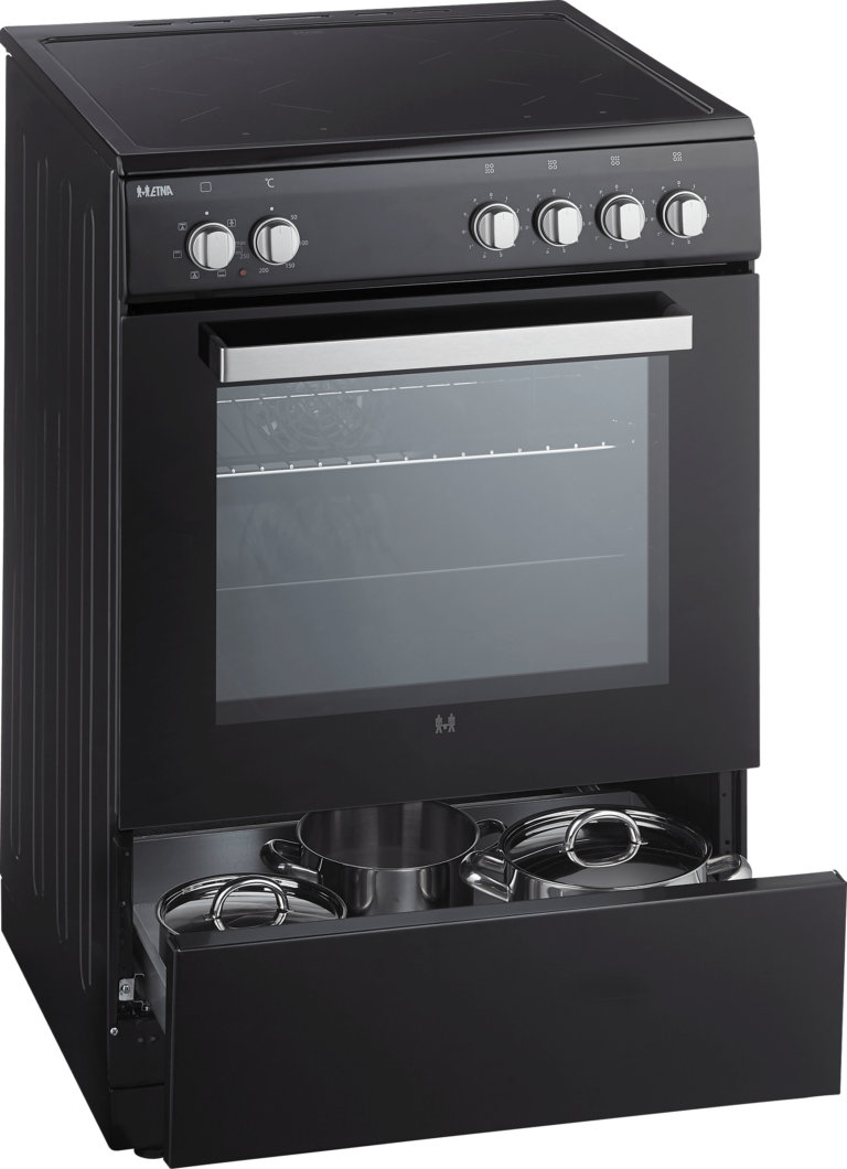 Black electric stove with a glass top, oven door closed, and a drawer open.