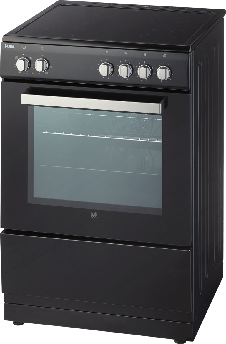 Black electric oven with glass door and knobs. White background.