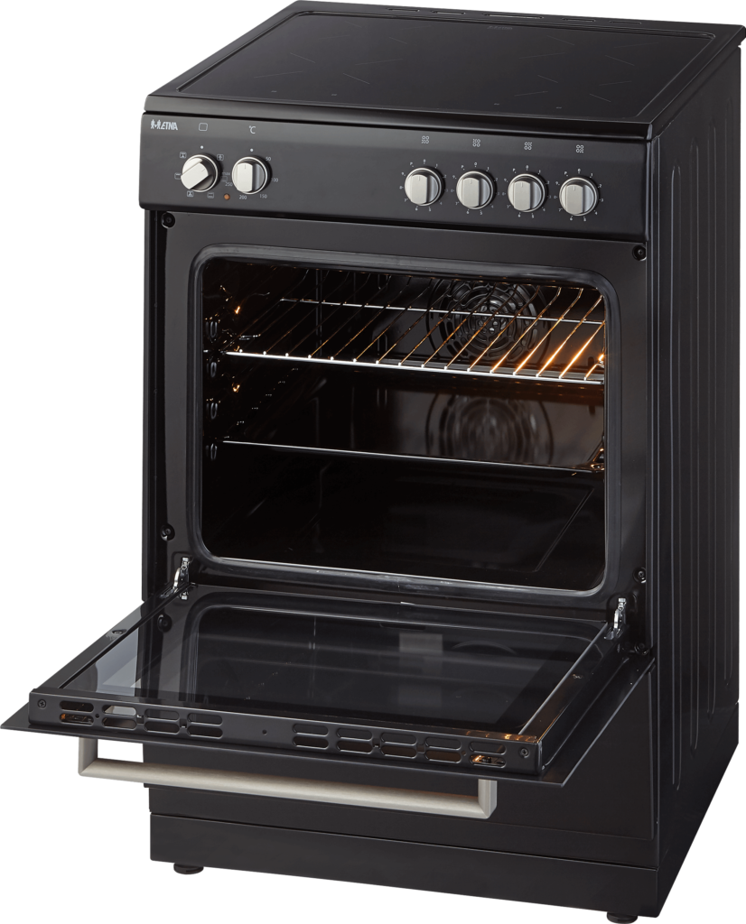 Black electric stove with oven door open, showing the interior.