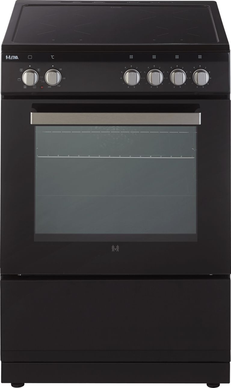 Black electric oven with glass door, knobs, and cooktop. Silver handle. The brand is M-ELECTA.
