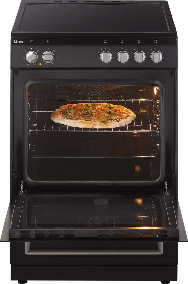 Black oven with a pizza inside. The oven door is open.