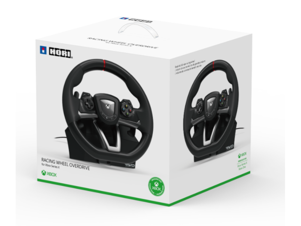 Caja de volante de carreras Xbox. Volante negro con raya roja. Dos volantes mostrados, caja blanca. Xbox Series X.