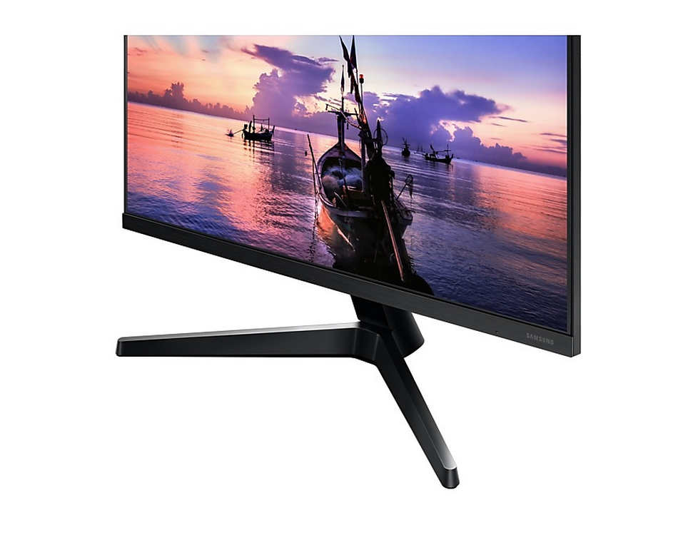 Primer plano de un monitor con una imagen de paisaje marino, marco y soporte negros.