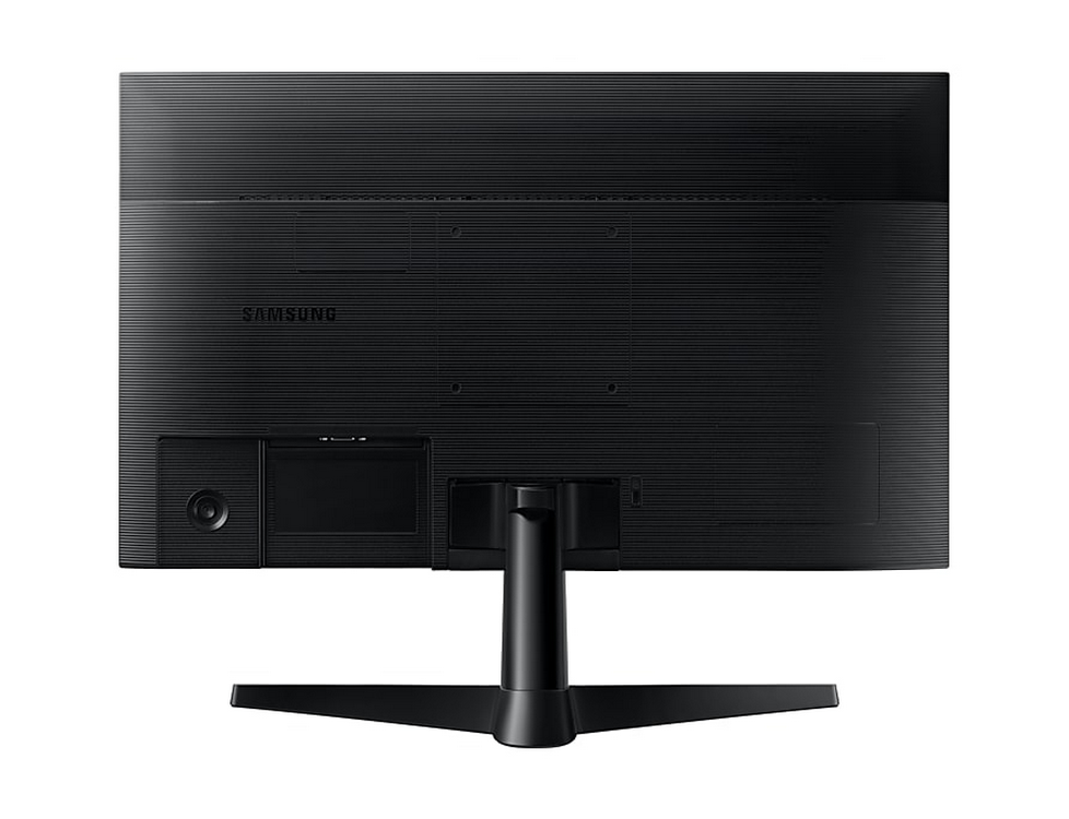 Parte trasera del monitor de ordenador negro con logotipo de Samsung. Conexiones y soporte visibles.