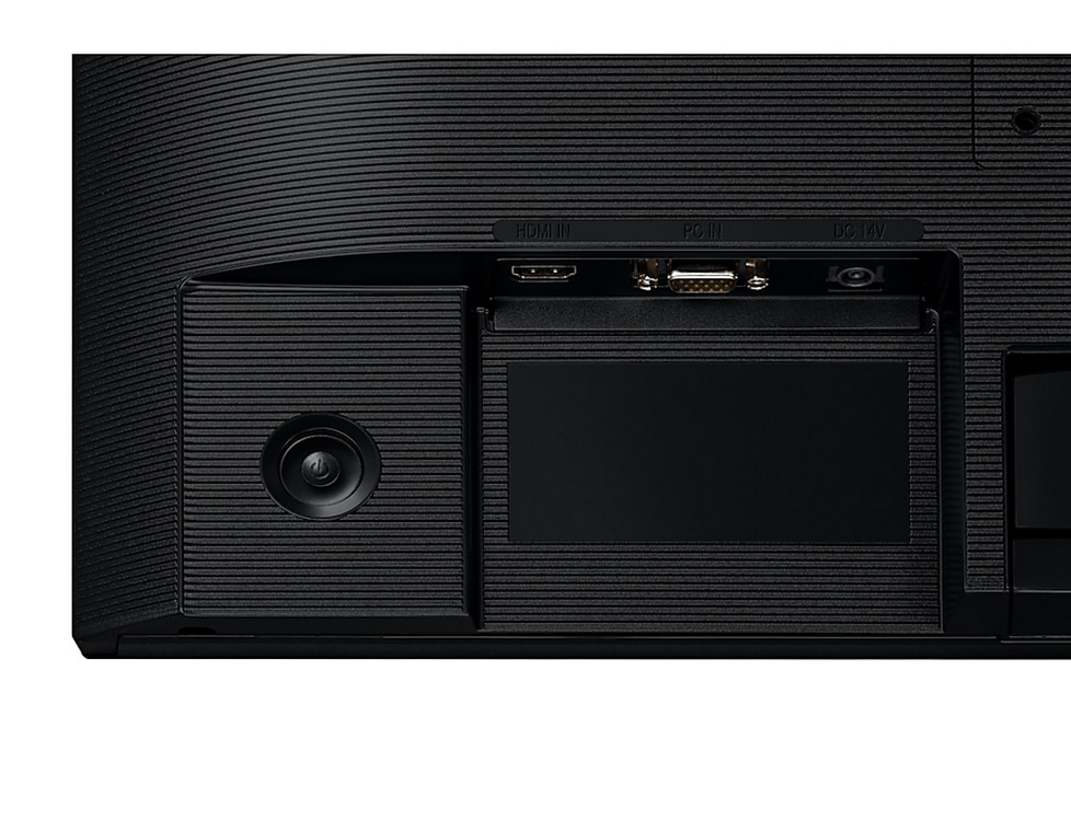 Parte trasera de un monitor de computadora negro con puertos para HDMI, PC y alimentación.