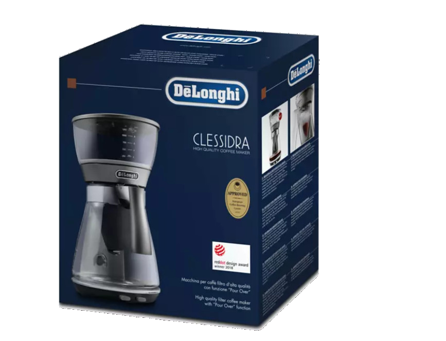 Kahve makinesi illüstrasyonu olan DeLonghi kahve makinesi kutusu.