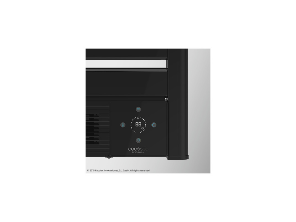 Un radiador eléctrico negro con una pantalla digital que muestra 88. Tiene botones de control y se ve la marca Cecotec READYWARM.
