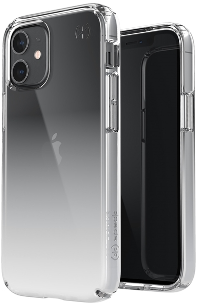 Átlátszó iPhone tok. Telefon belül. Speck logó a sarokban. Fekete-átlátszó átmenet.