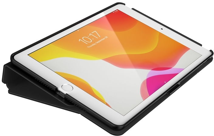 Tablet fekete tokban, narancs és rózsaszín absztrakt képet mutató képernyővel.