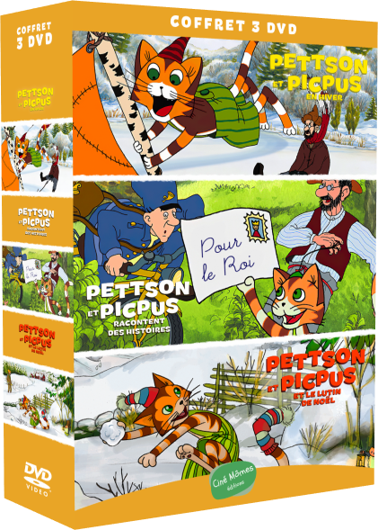 Boxset van 3 dvd-covers van de tekenfilmserie 'Pettson en Findus'.