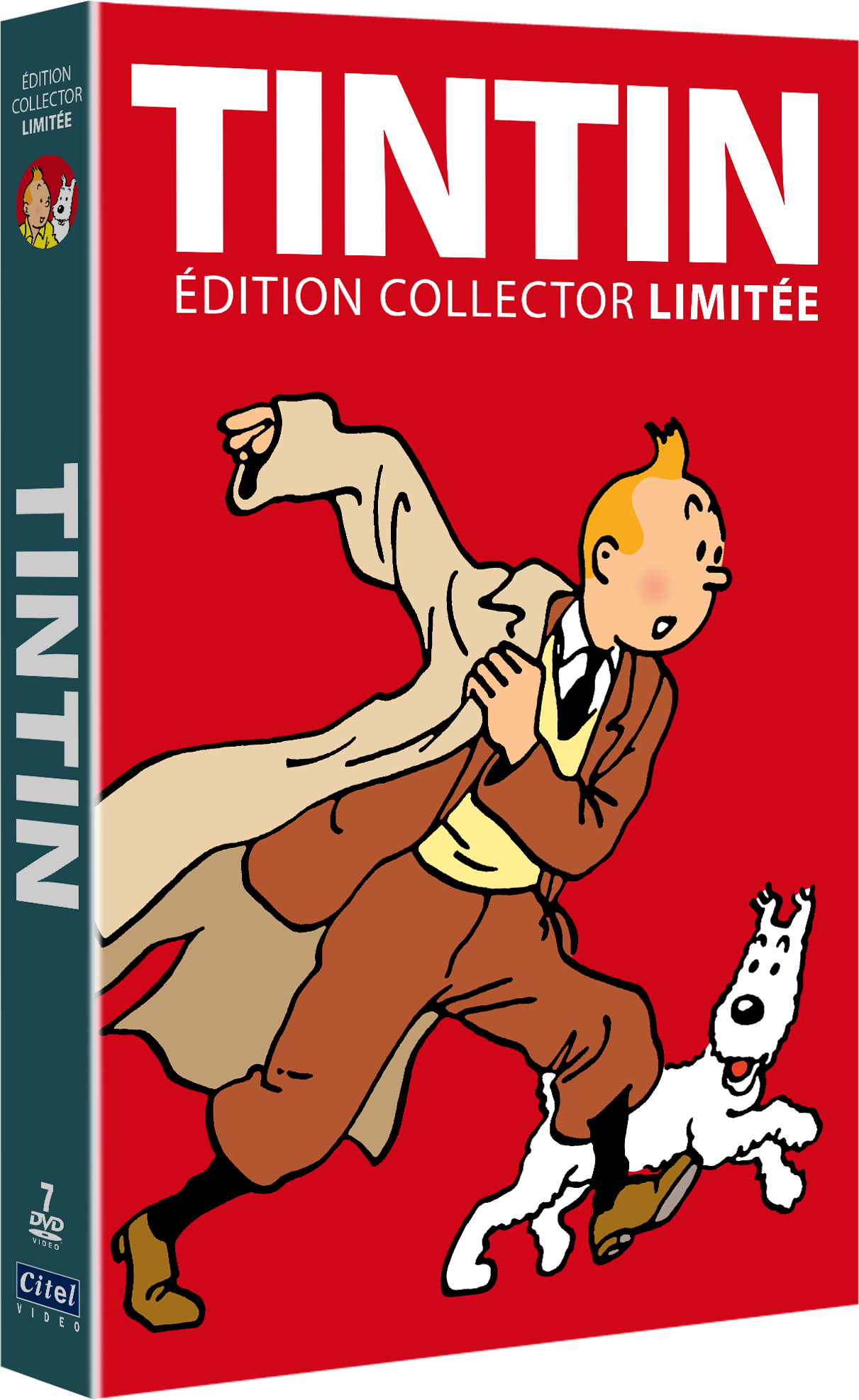 Tintin dvd-hoes met Tintin en Bobbie die rennen. Rode achtergrond, zijaanzicht.