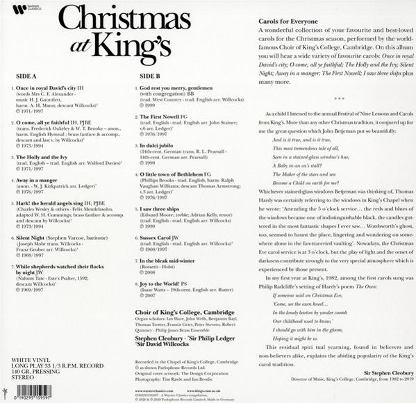 Ein Vinyl-Schallplattencover, 'Christmas at King's'. Text und Illustrationen auf weißem Hintergrund.